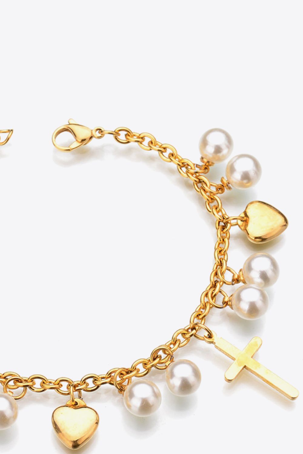 HK Heart Cross and Pearl Charm Stainless Steel Bracelet