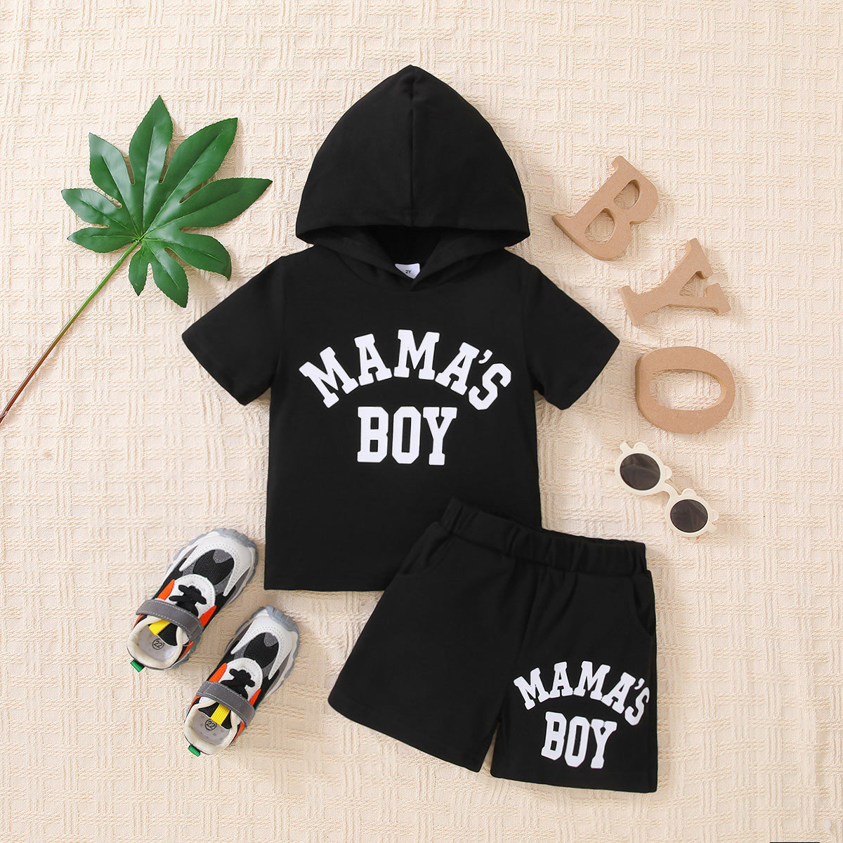 Kids MAMA S BOY Graphic Short Sleeve Hoodie and Shorts Set