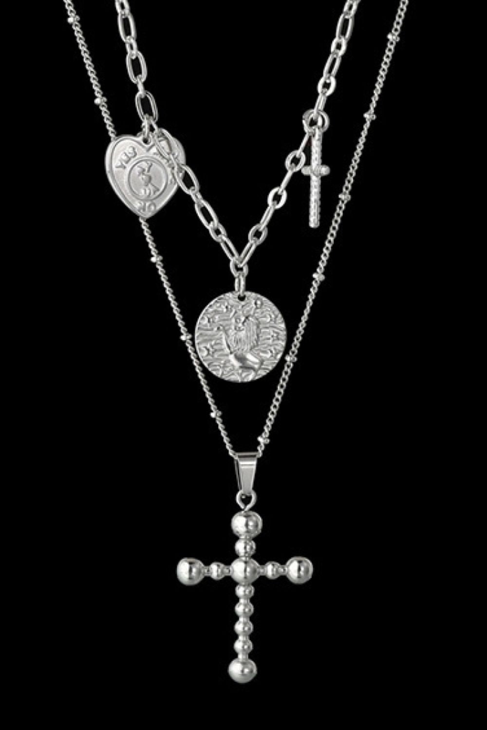 HK Stainless Steel Antique Coins & Cross Necklace