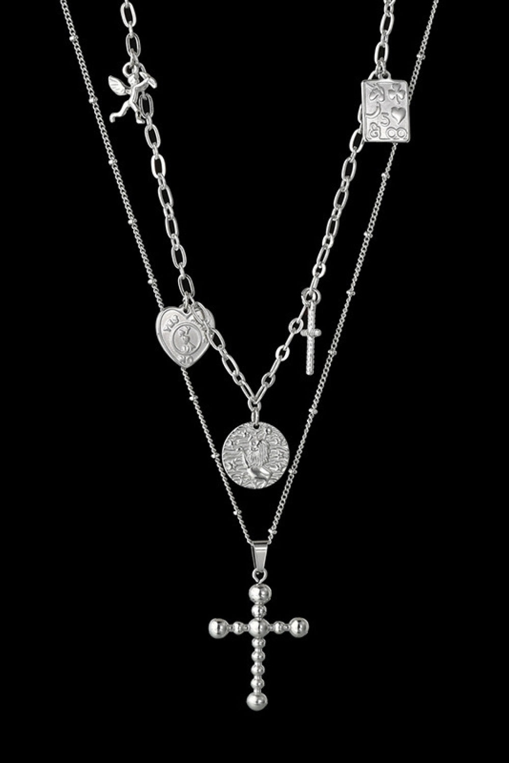 HK Stainless Steel Antique Coins & Cross Necklace