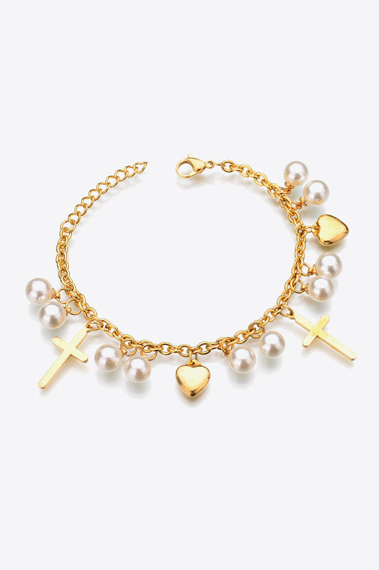 HK Heart Cross and Pearl Charm Stainless Steel Bracelet