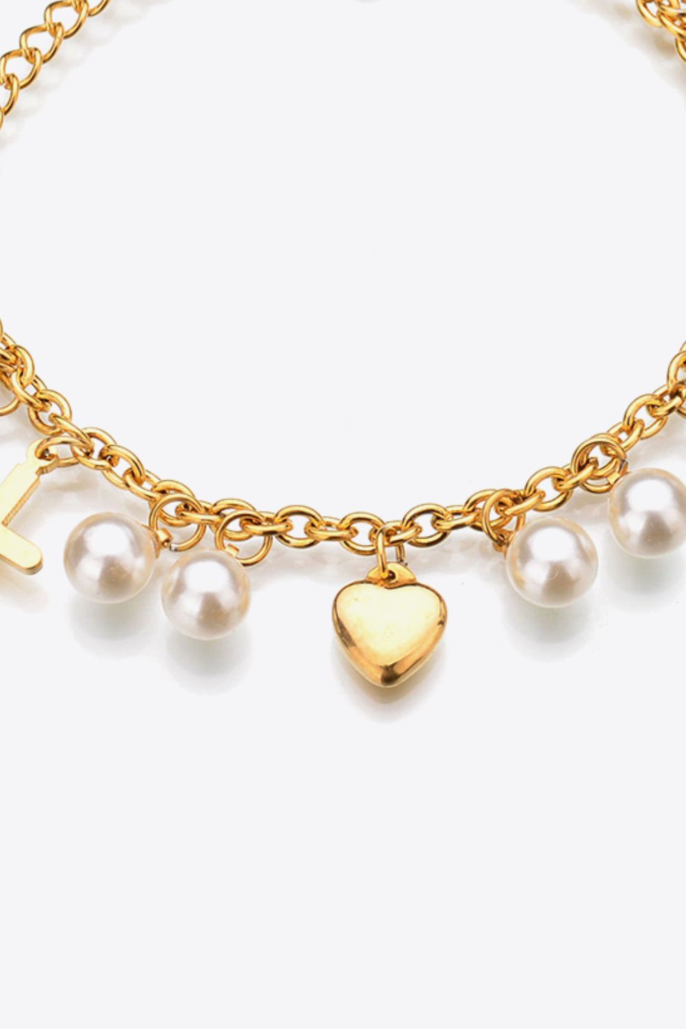 HK Heart Cross and Pearl Charm Stainless Steel Bracelet
